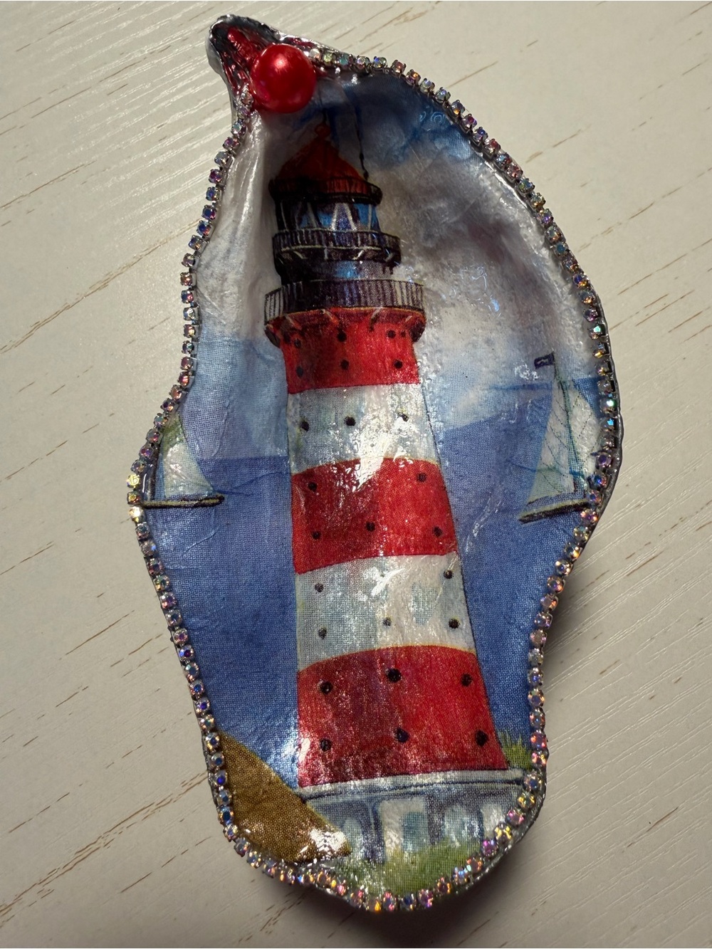 Handmade lighthouse decoupage Decorative Oyster Shell trinket dish